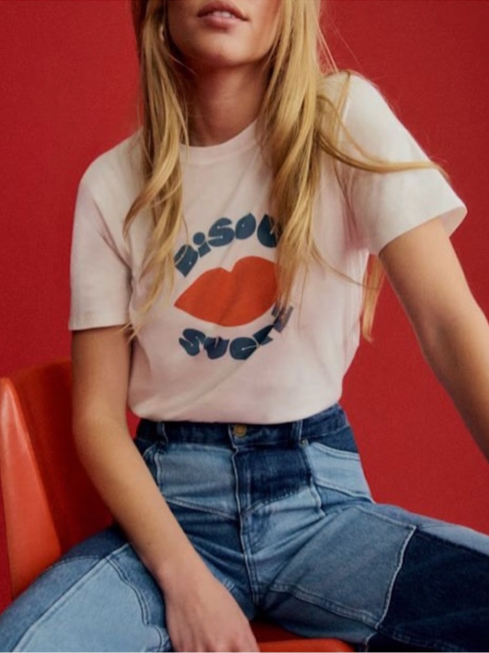 SEZANE White Red & Blue Bisou Sucre Kiss Lips 100% Cotton French Graphic T Shirt